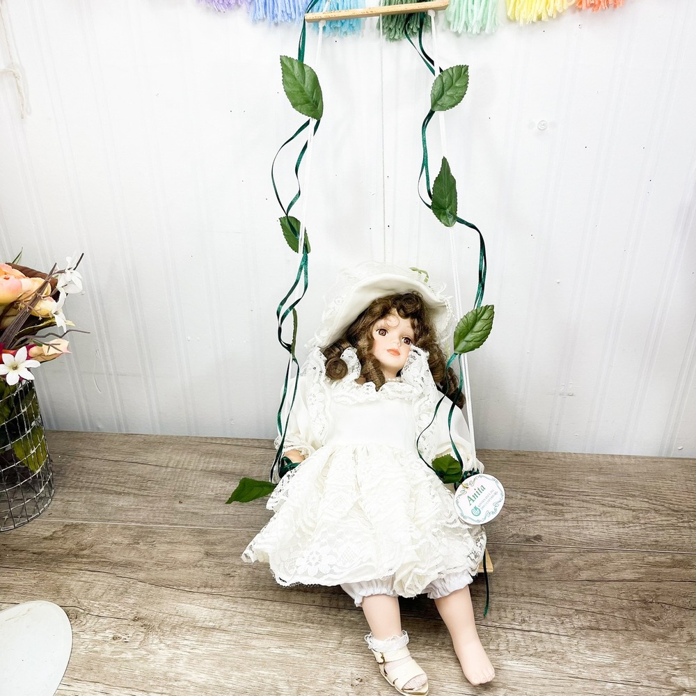 Vintage Porcelain Doll, Swinging Anita Doll in Lace Dress